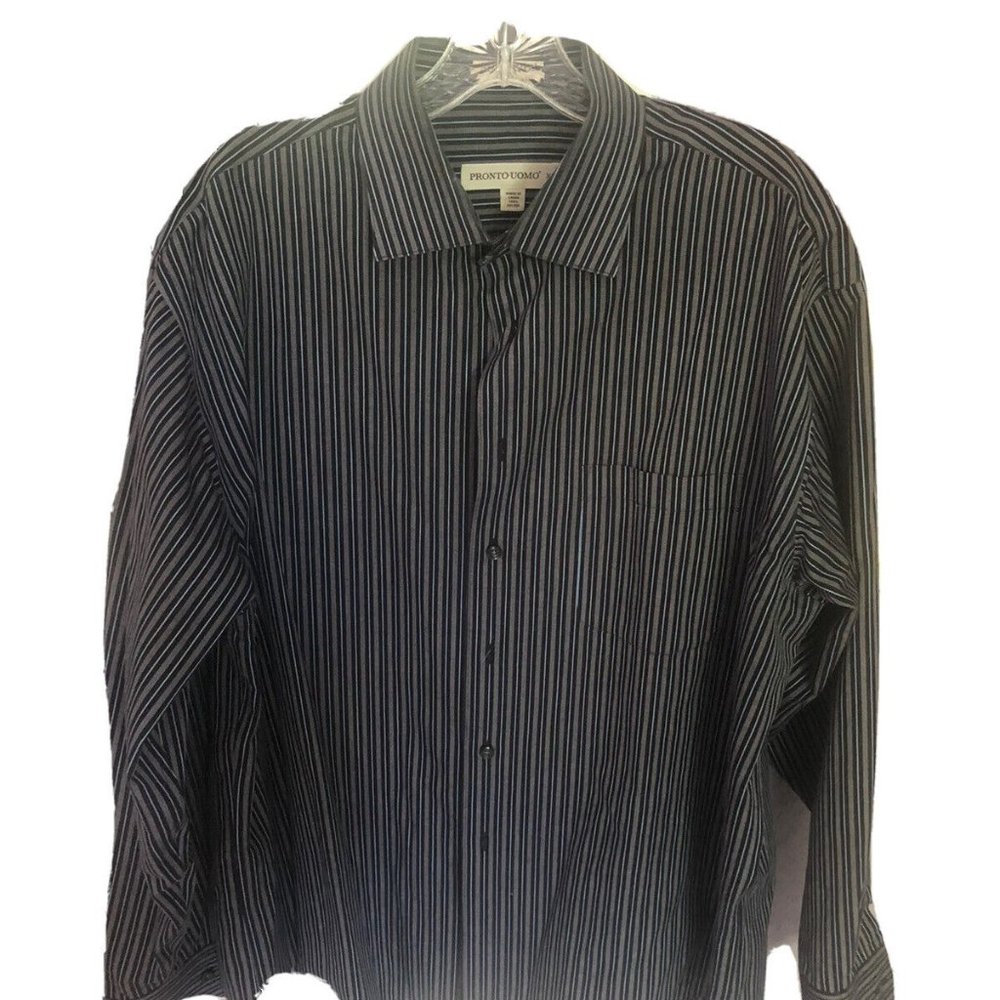 Pronto-Uomo Mens Size XL Blue/Black/Gray Stripe No Iron Dress Shirt Button Down